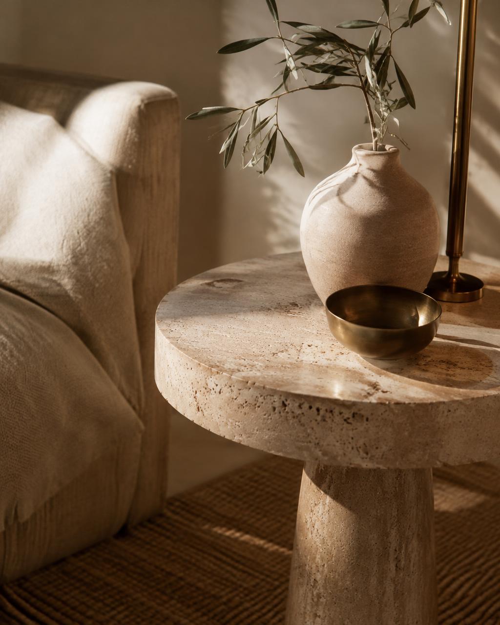 Travertine side table with olive branch and bronze bowl